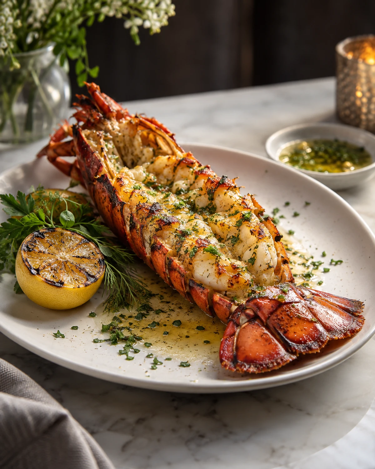 AI food photograph: grilled lobster with herb butter and charred lemon