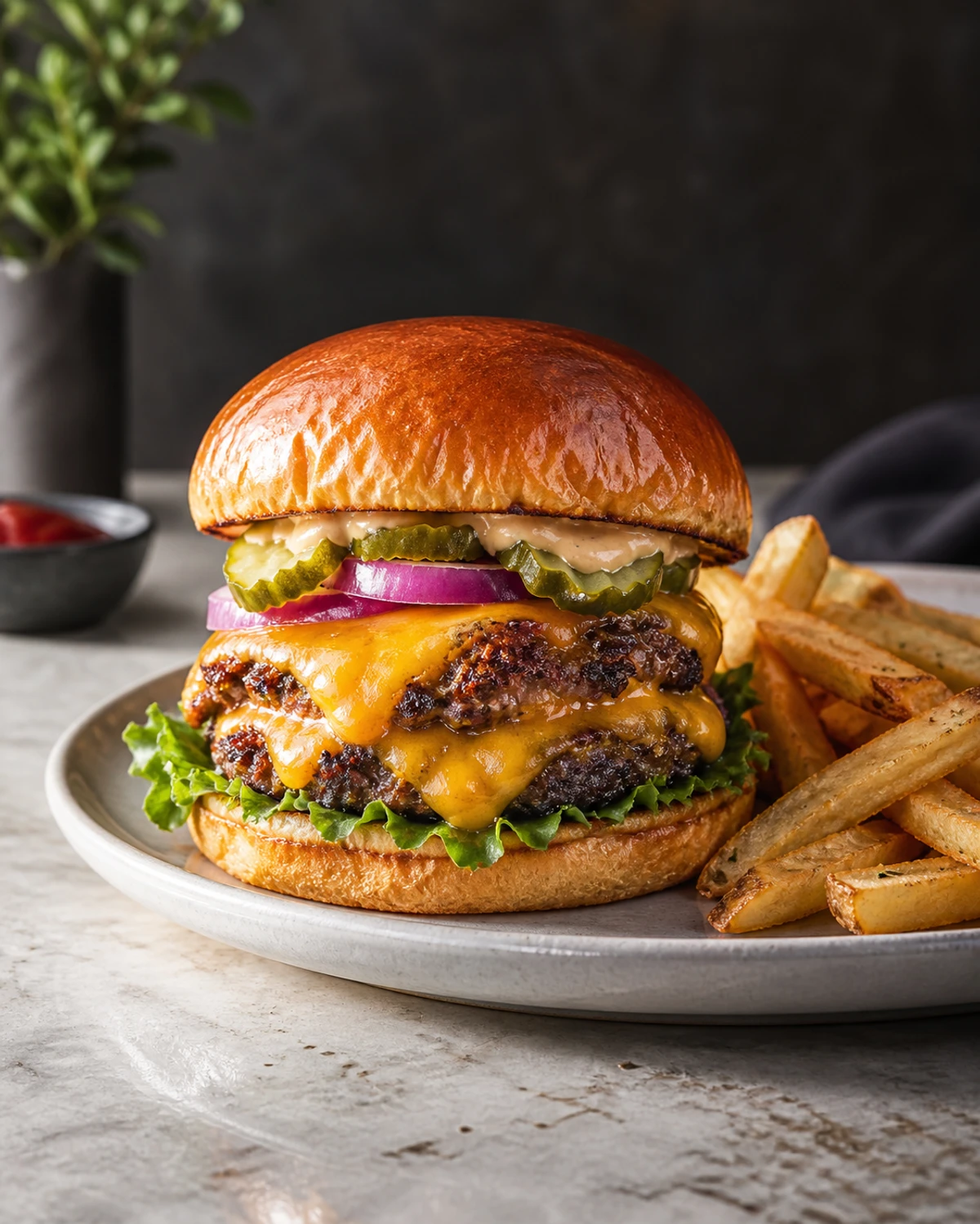 AI food photograph: gourmet double cheeseburger with fries