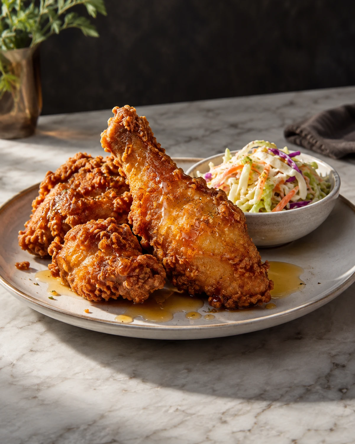 AI food photograph: golden fried chicken with honey and slaw