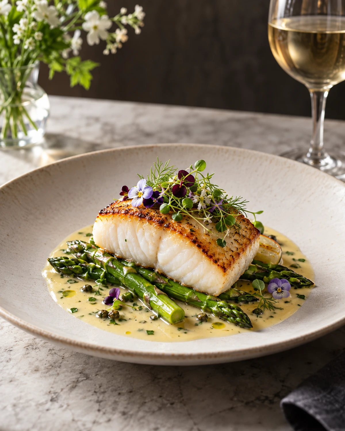 AI food photograph: seared halibut with asparagus and beurre blanc