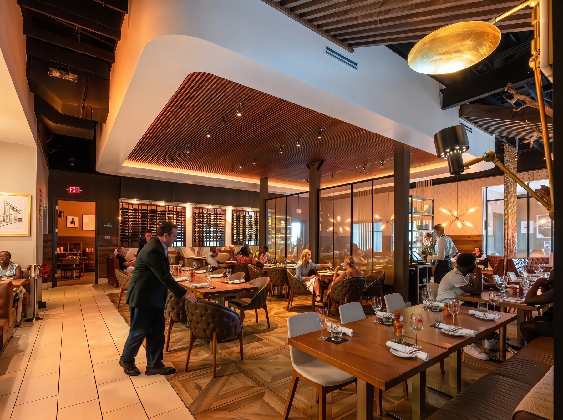 Restaurant dining room with guests and table service