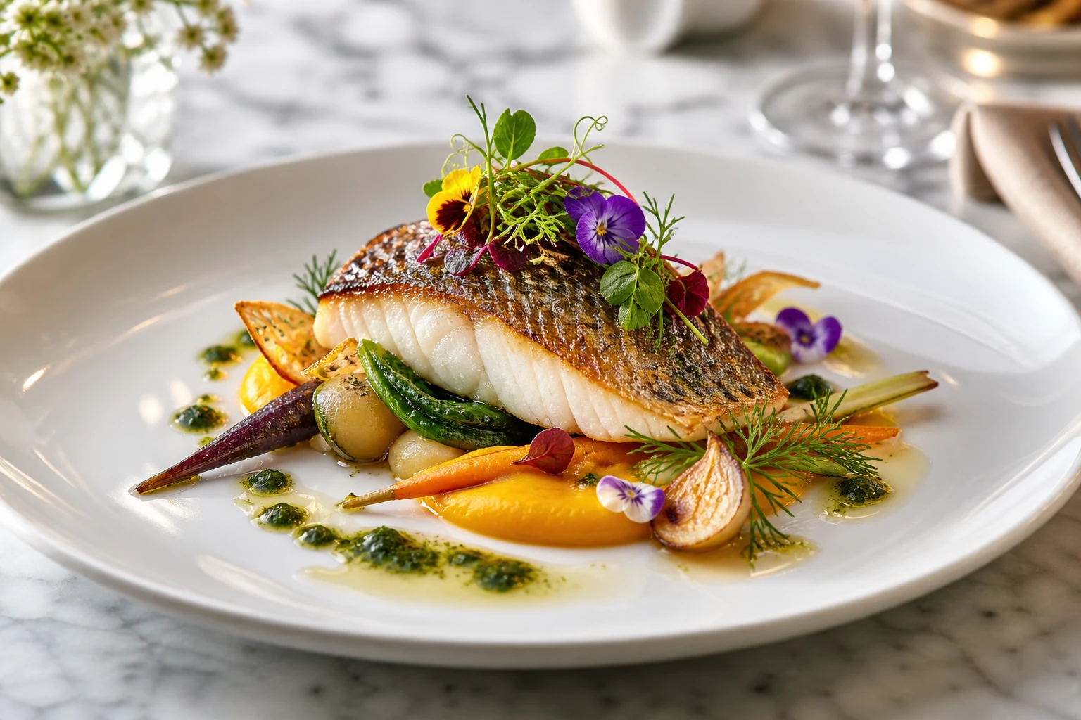 Fine dining fish with delicate sauces and edible flowers