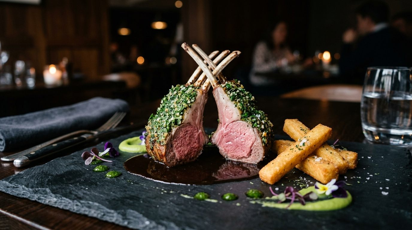 Herb-crusted rack of lamb with crisp polenta fries on slate