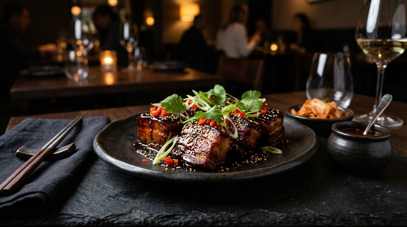 Korean BBQ pork belly glazed with sesame and scallions, served with kimchi in a candlelit dining room