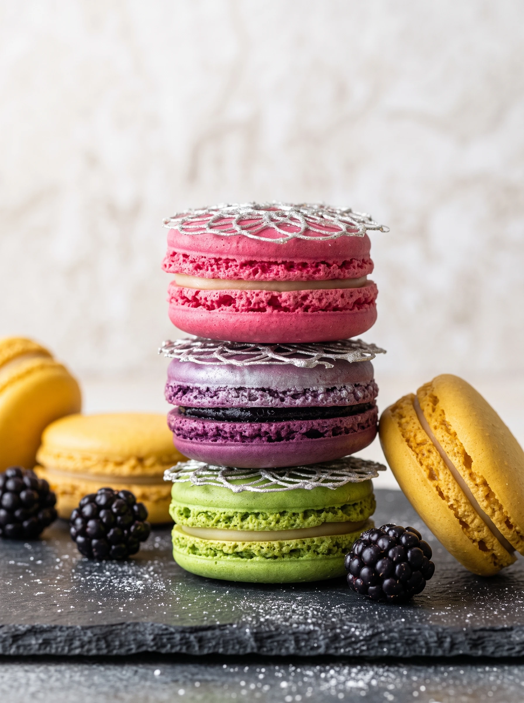 Colorful macarons with blackberries