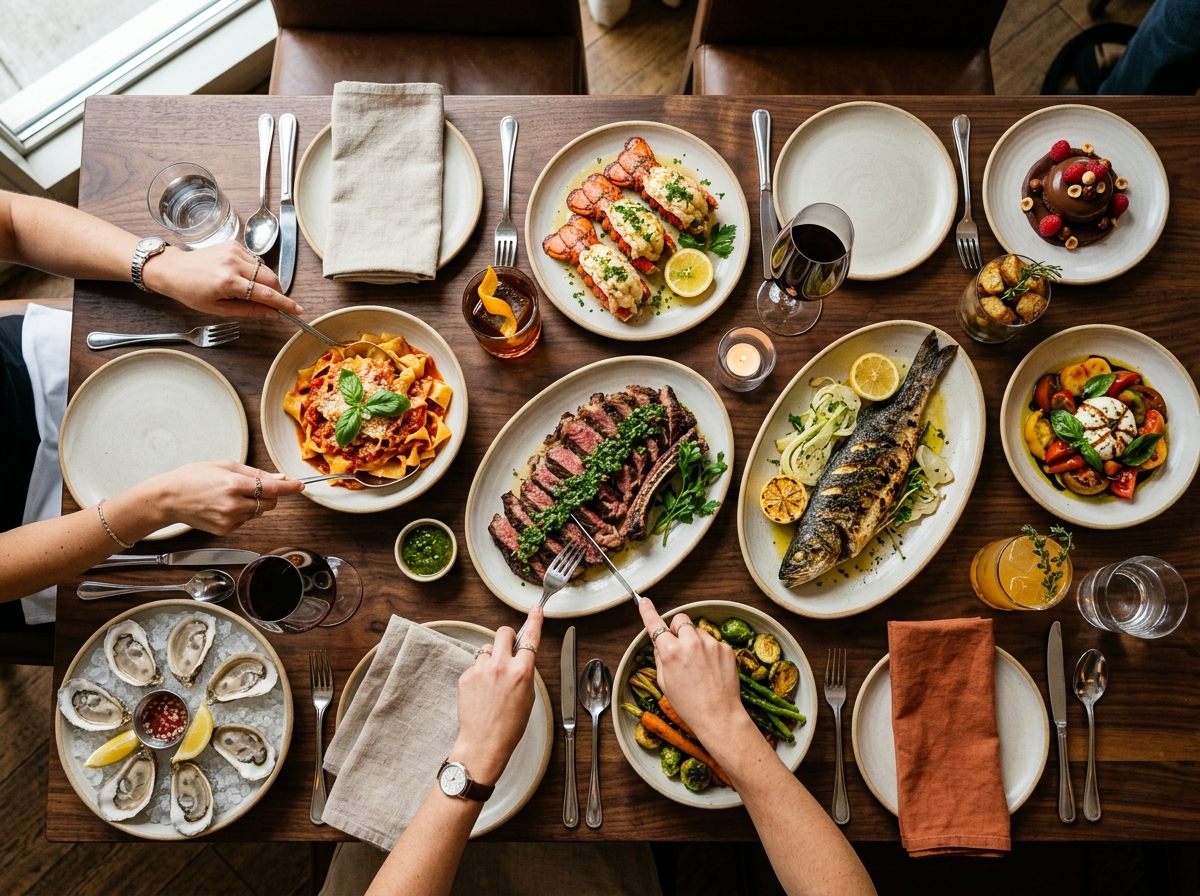 AI food photograph: overhead view of a shared restaurant table with steak, whole fish, lobster, pasta, oysters and dessert