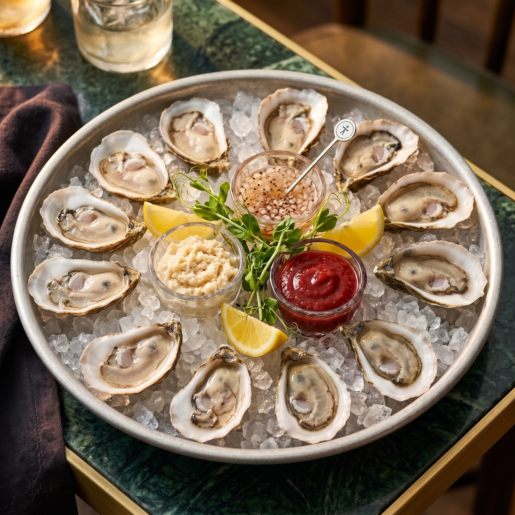 Fresh oysters on ice with lemon and sauces