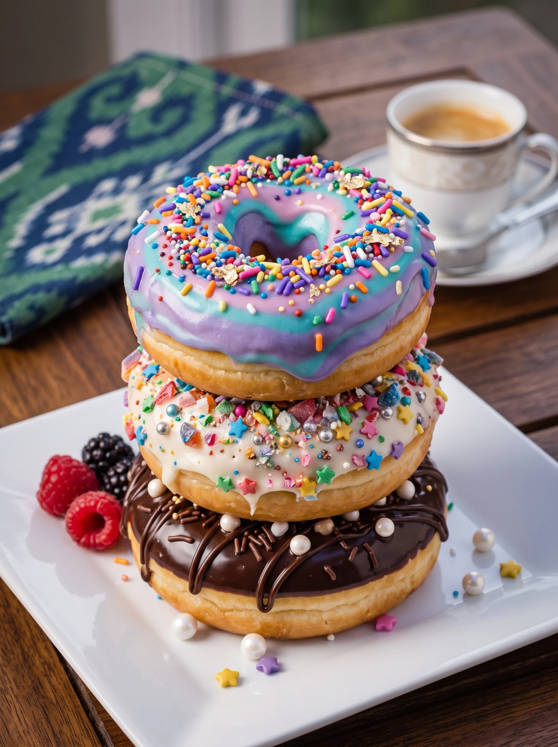 Pastel glazed doughnuts with sprinkles and berries