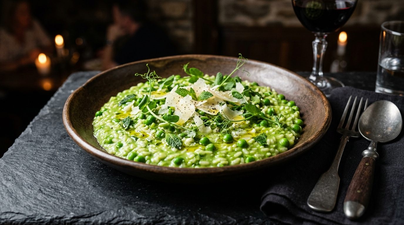 Pea and mint risotto with shaved parmesan and pea shoots