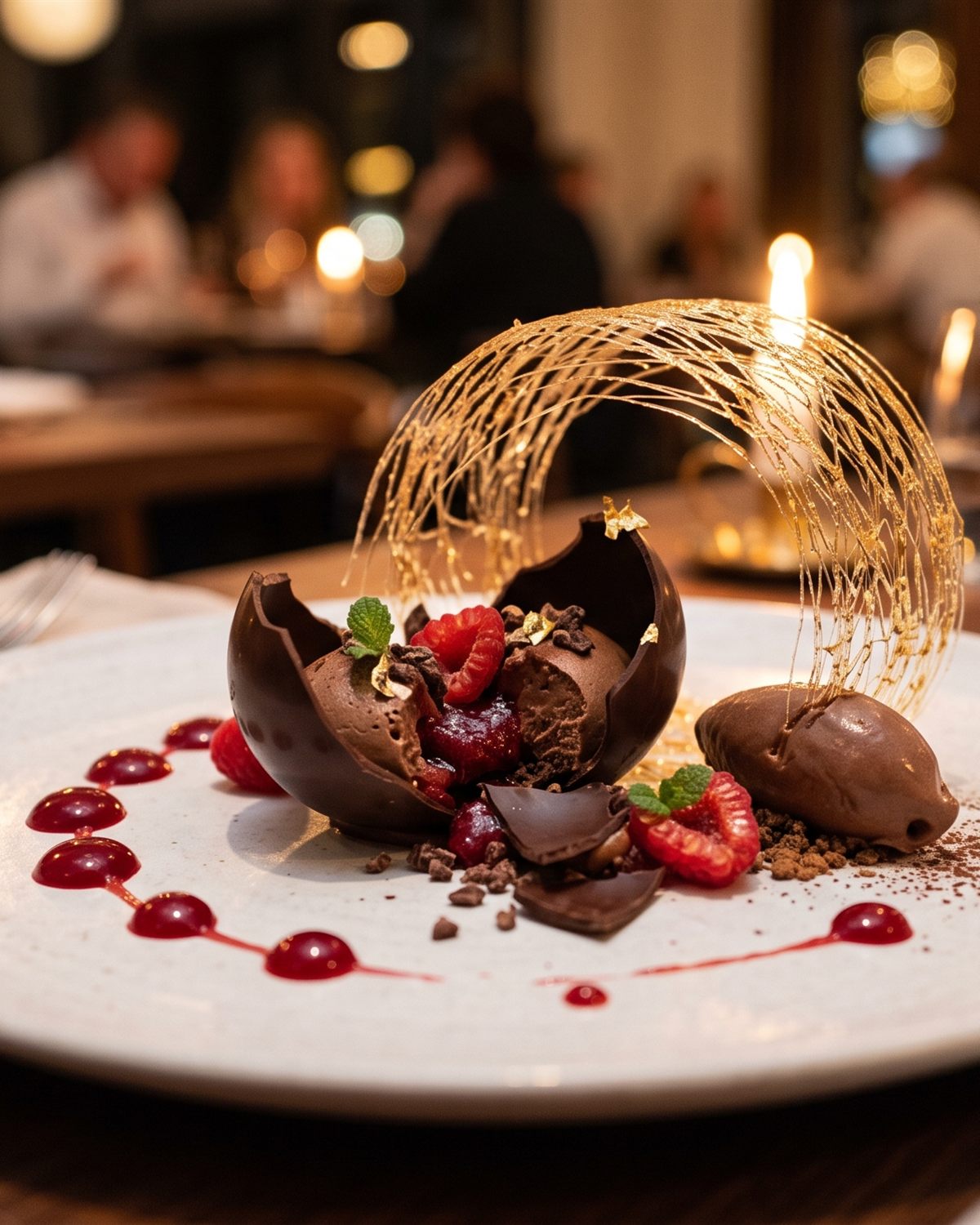 AI food photograph: chocolate sphere dessert with spun sugar, mousse and raspberries