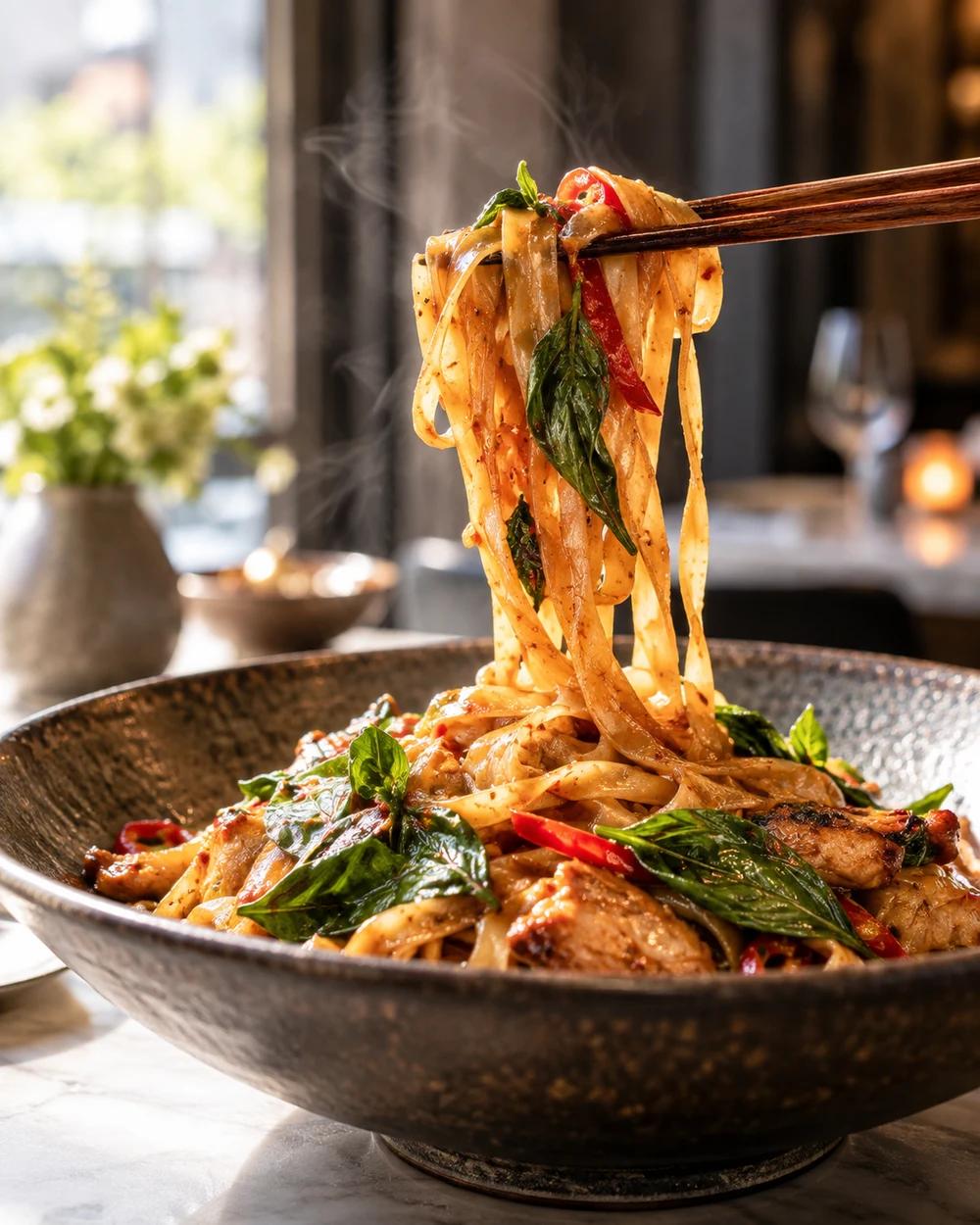 Thai drunken noodles with basil and chili lifted with chopsticks