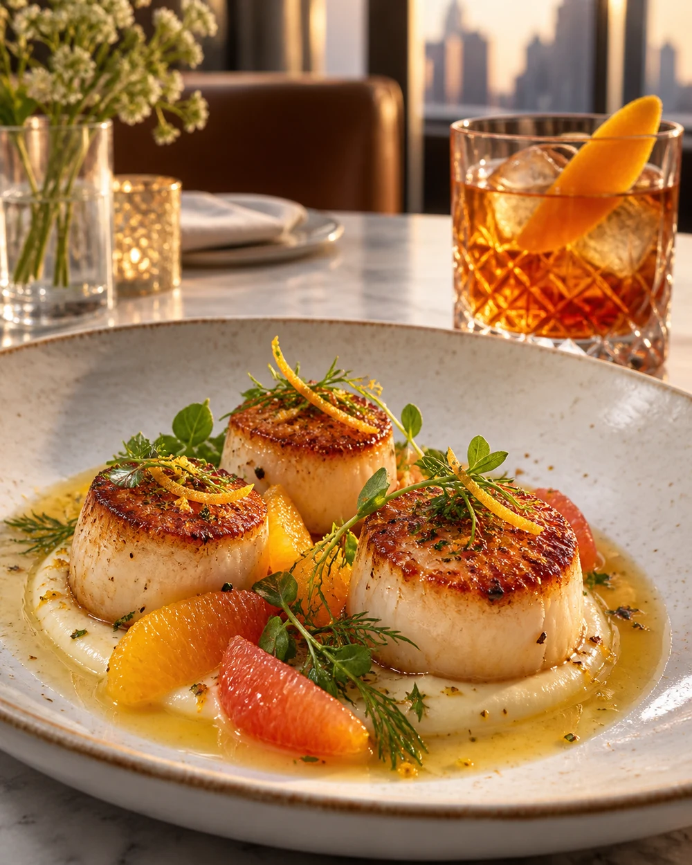 Seared scallops with citrus and an old fashioned, Manhattan skyline at sunset