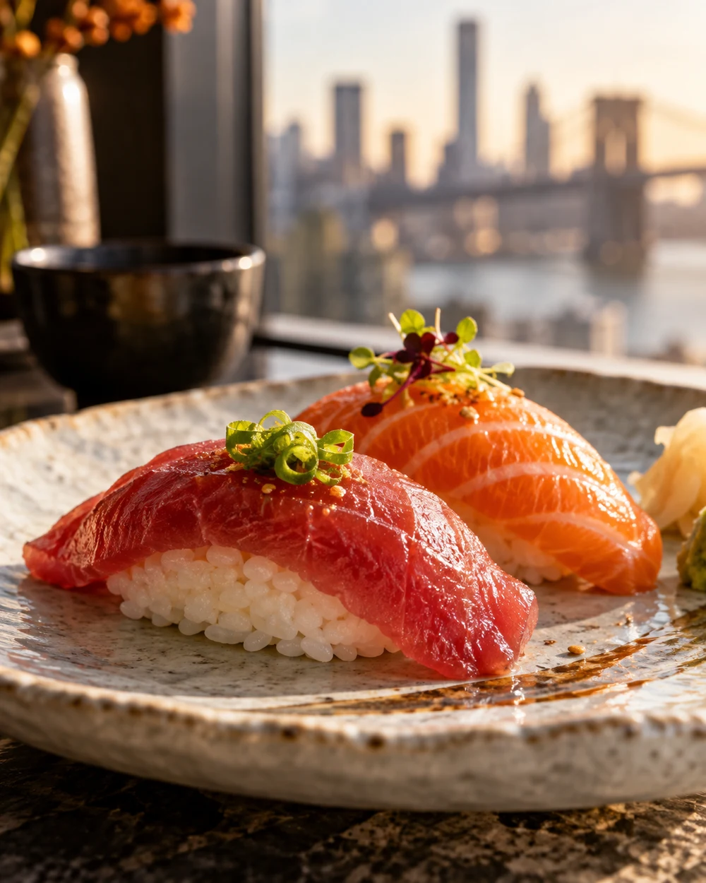 Tuna and salmon nigiri with the Brooklyn Bridge and Manhattan skyline behind