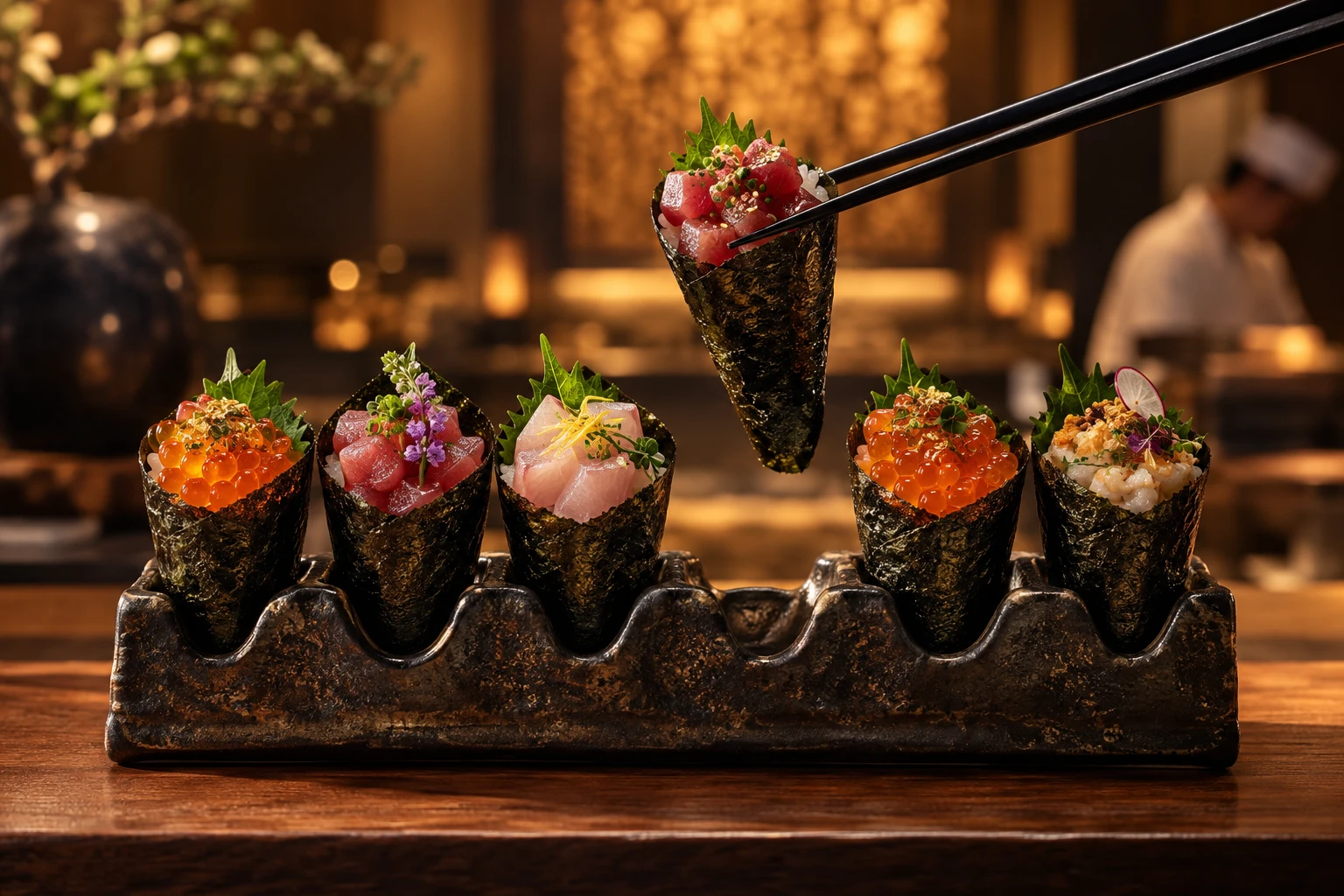 Omakase hand rolls with roe and fresh fish — exclusive reel cover artwork