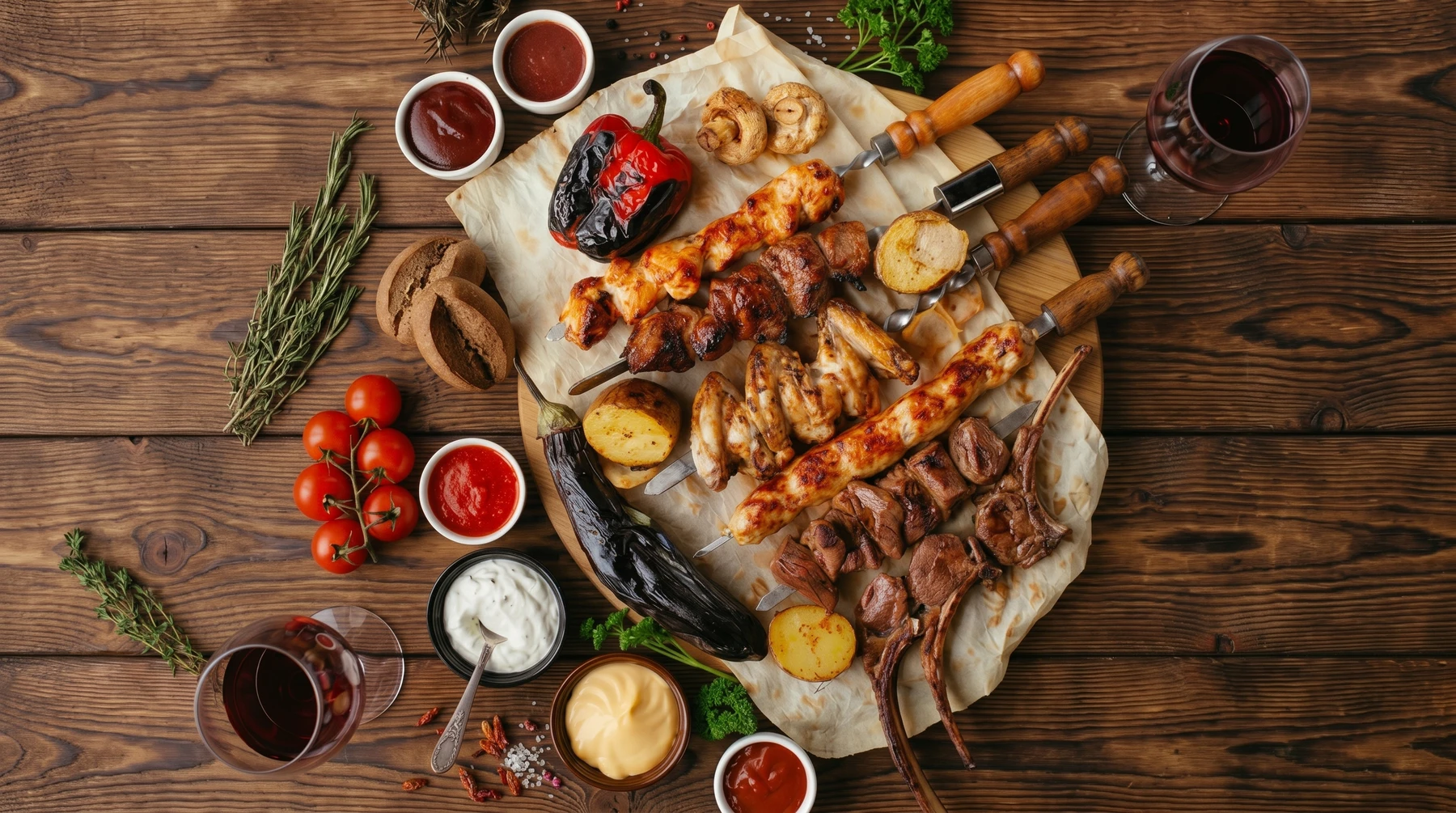 Rustic grilled meat spread with roasted vegetables