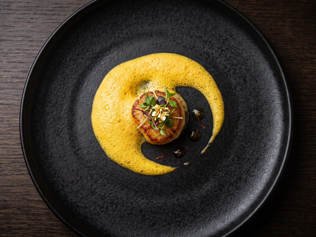 AI food photograph: seared scallop in saffron foam on a black plate