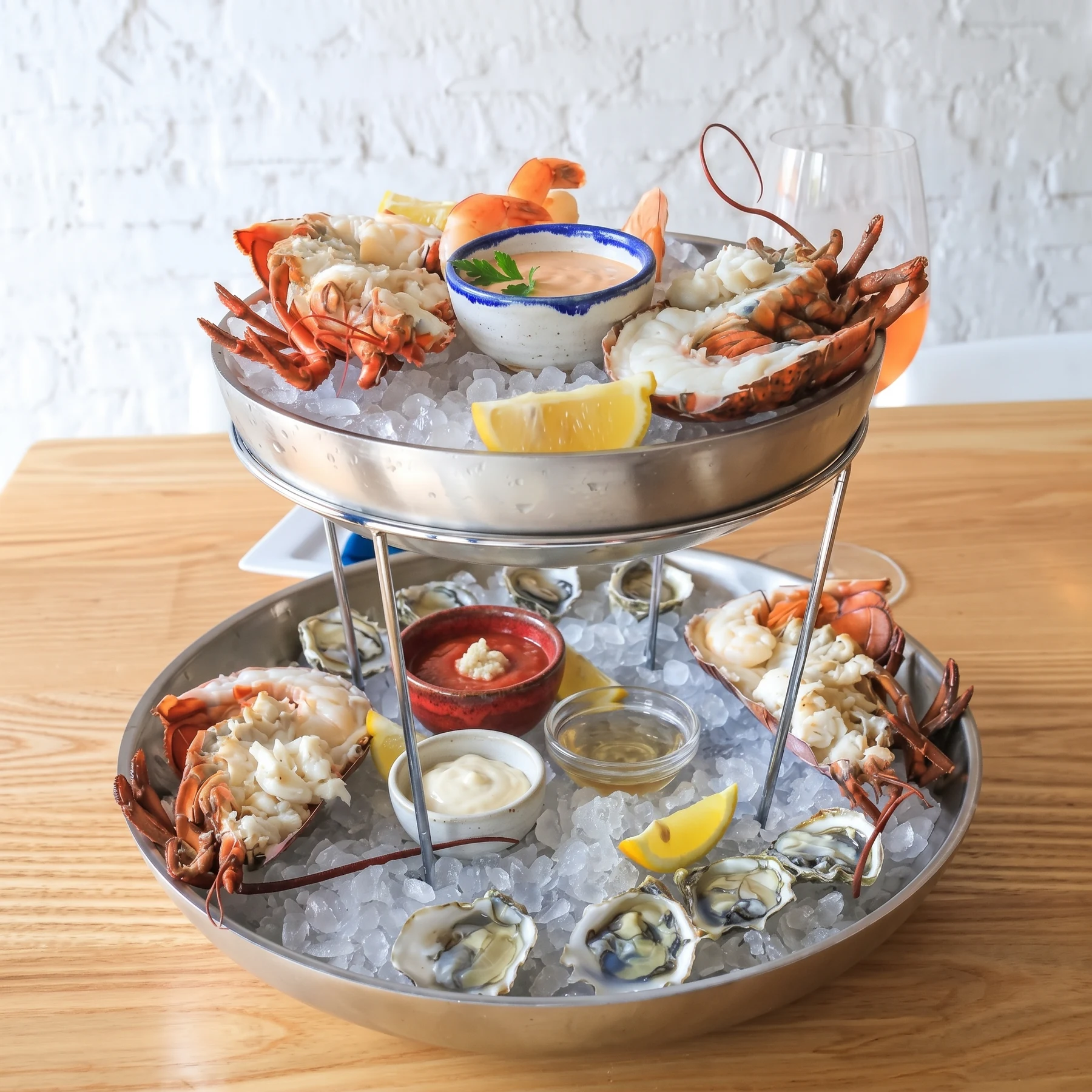 Lobster and oysters on a two-tier seafood platter