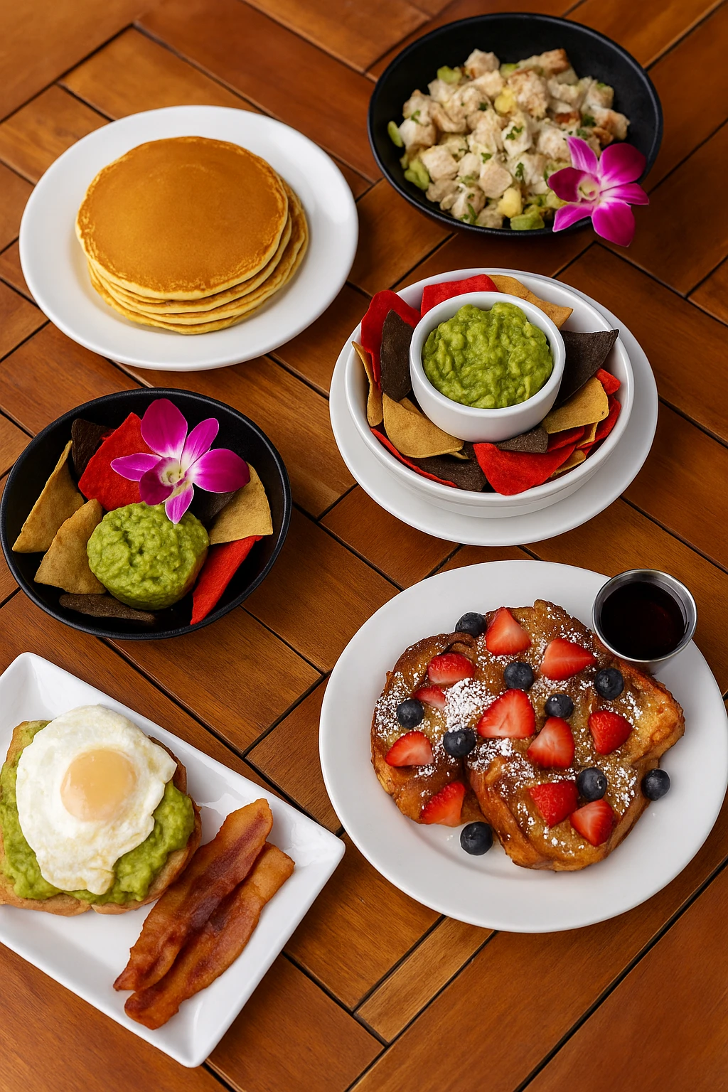 Overhead brunch spread with pancakes, fruit and eggs
