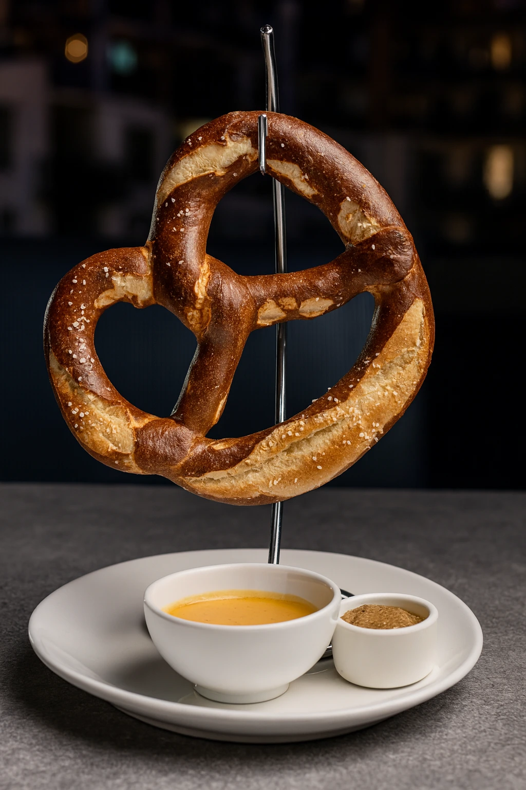 Hanging soft pretzel with dipping sauces