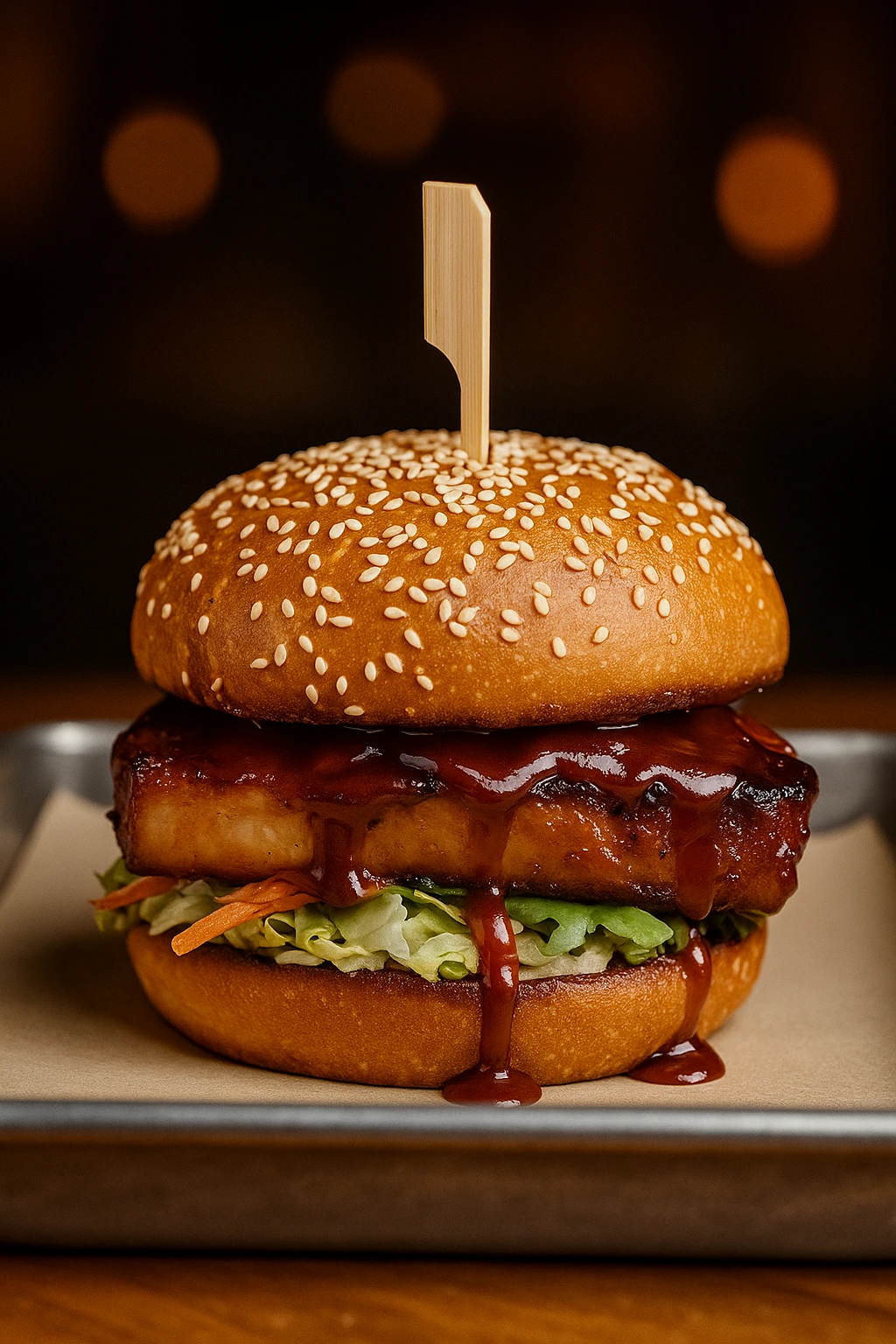 Sesame bun burger against warm lights