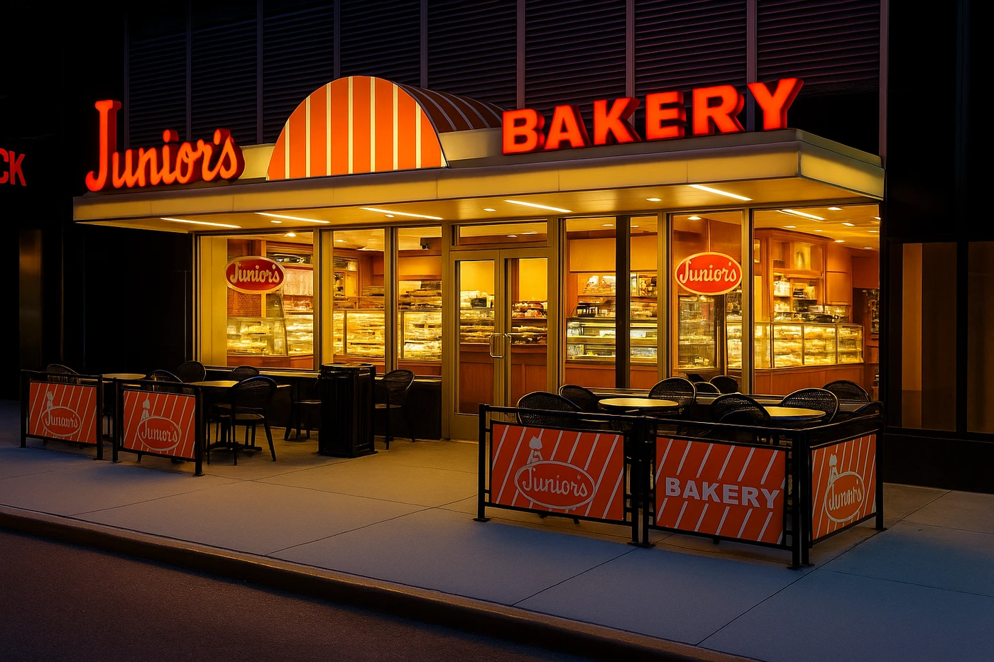 Junior’s Bakery glowing at night