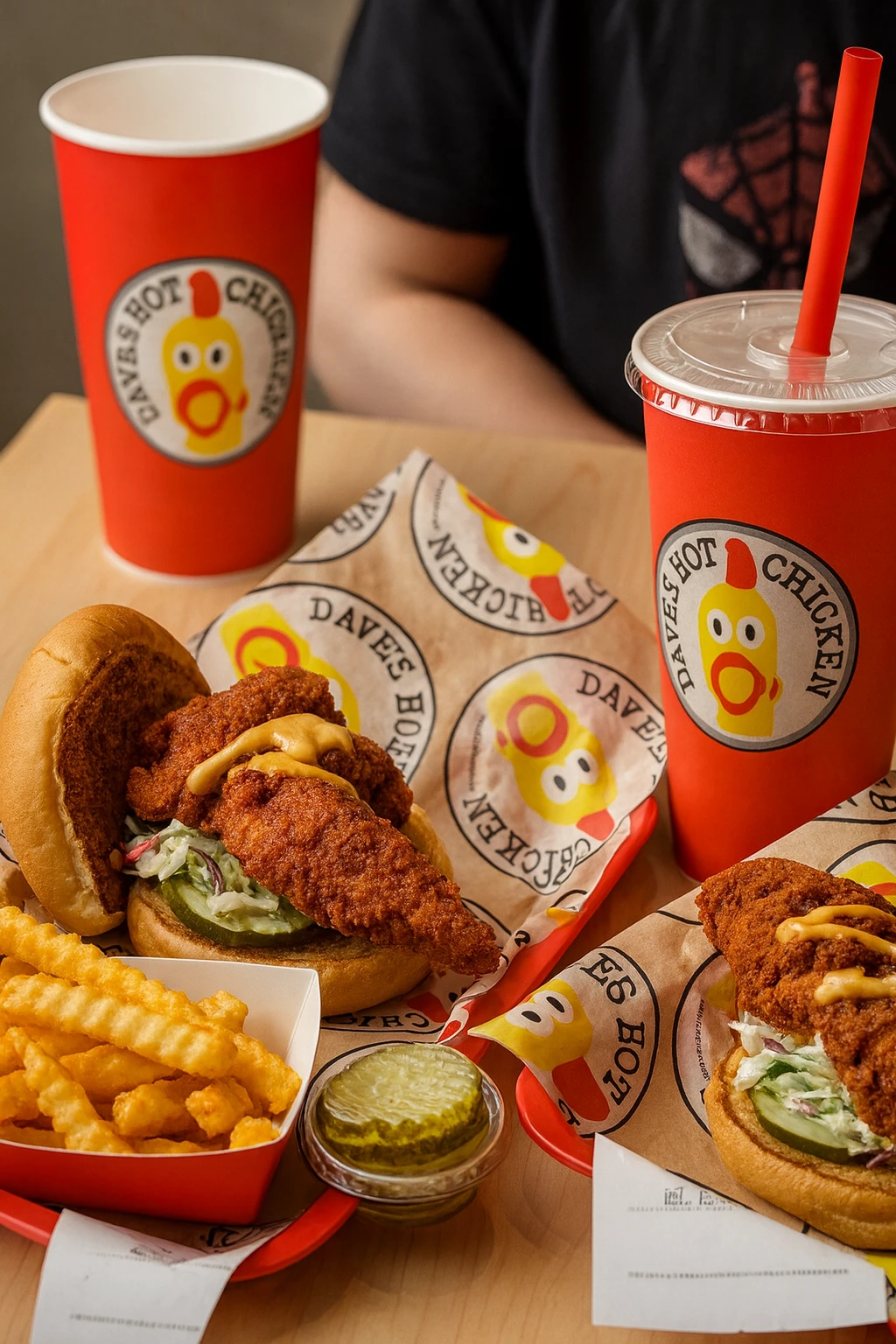 Fried chicken sandwiches, fries and drinks