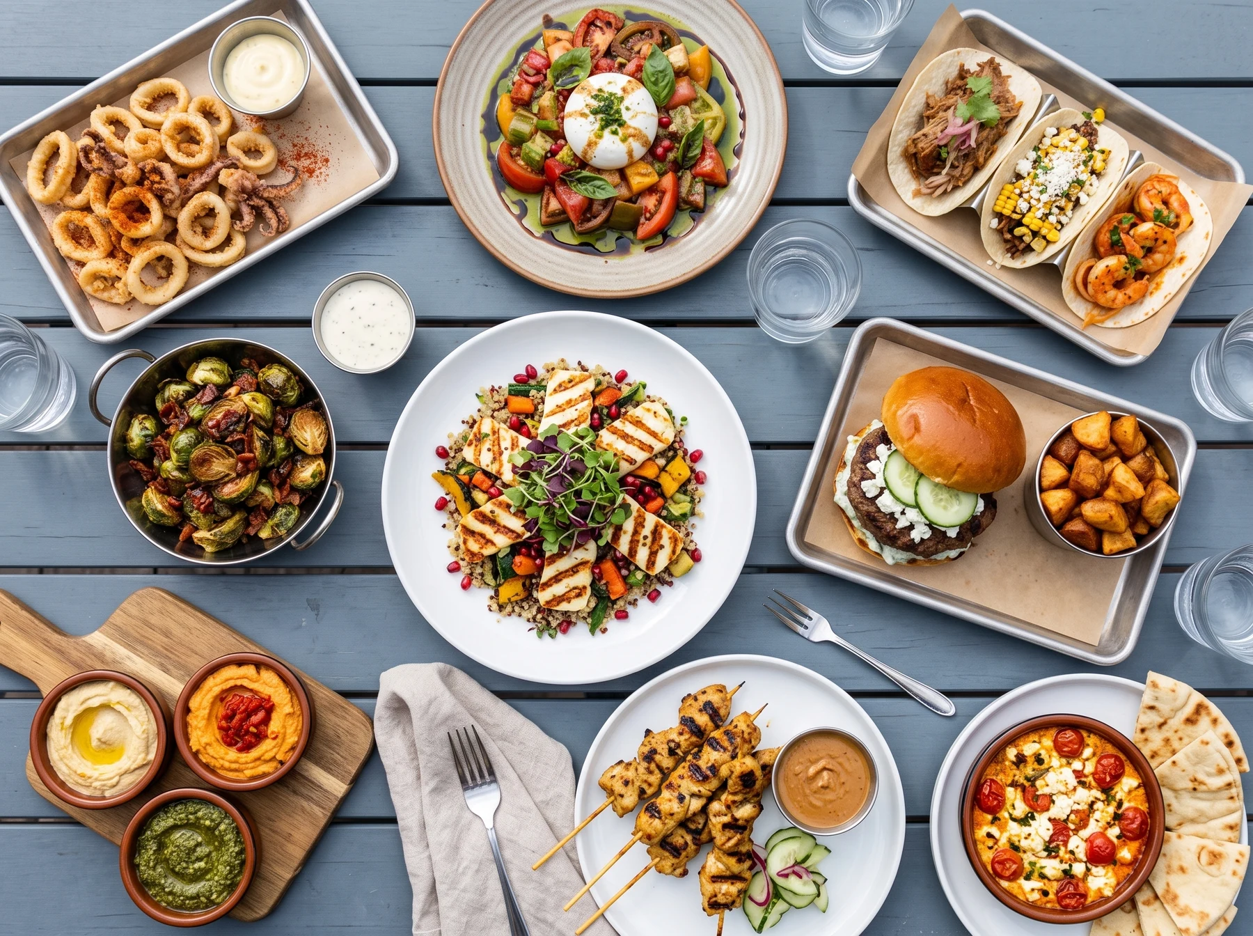 Overhead spread of tacos, calamari, salads and grilled skewers