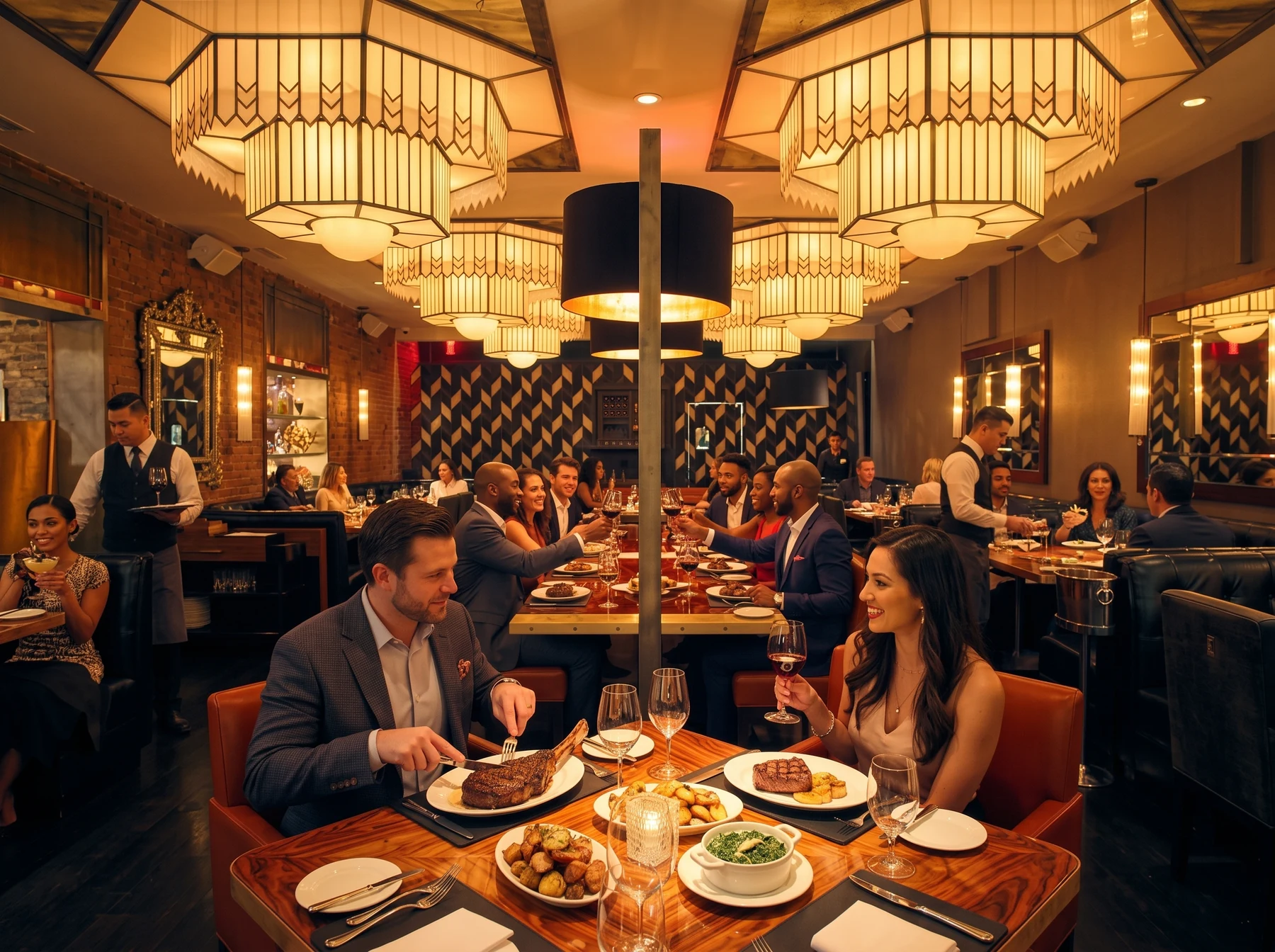 Guests dining in a warmly lit steakhouse