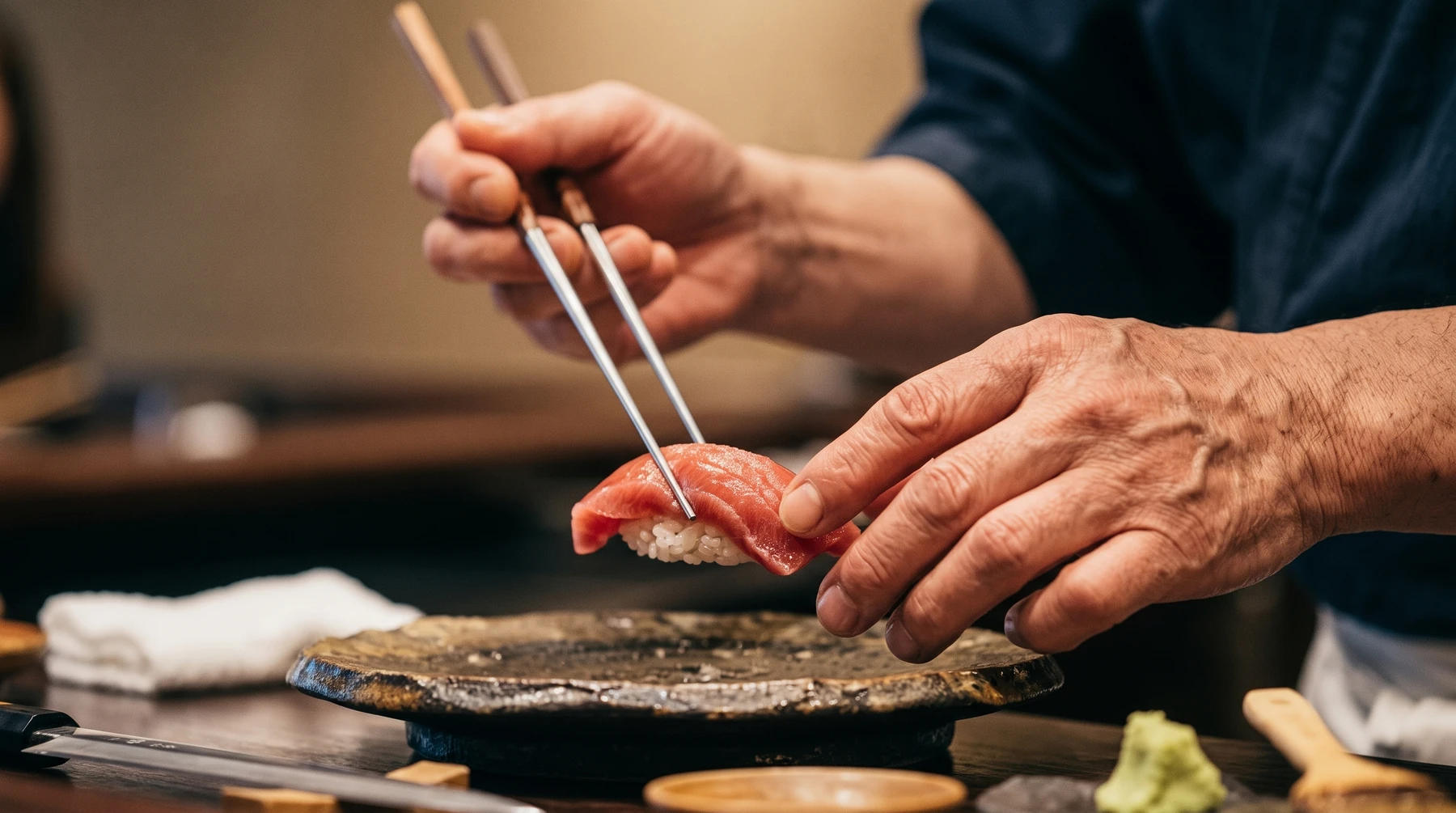 Chef preparing tuna nigiri at the counter