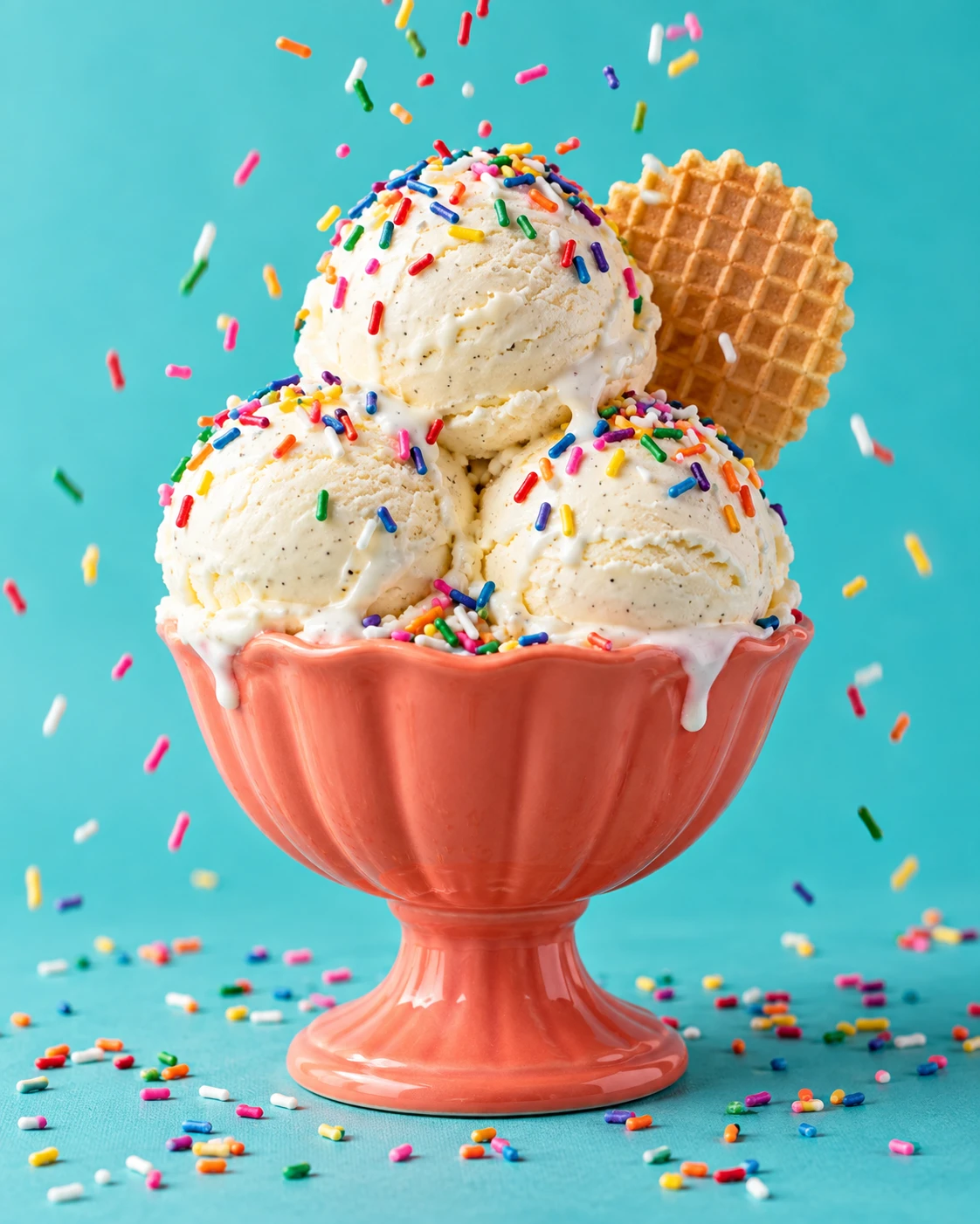 Vanilla bean ice cream with rainbow sprinkles on turquoise