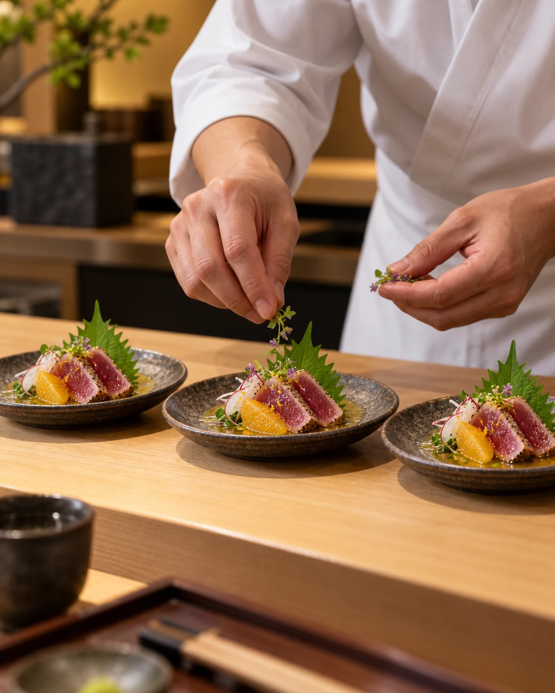 Chef finishing seared tuna with citrus and shiso