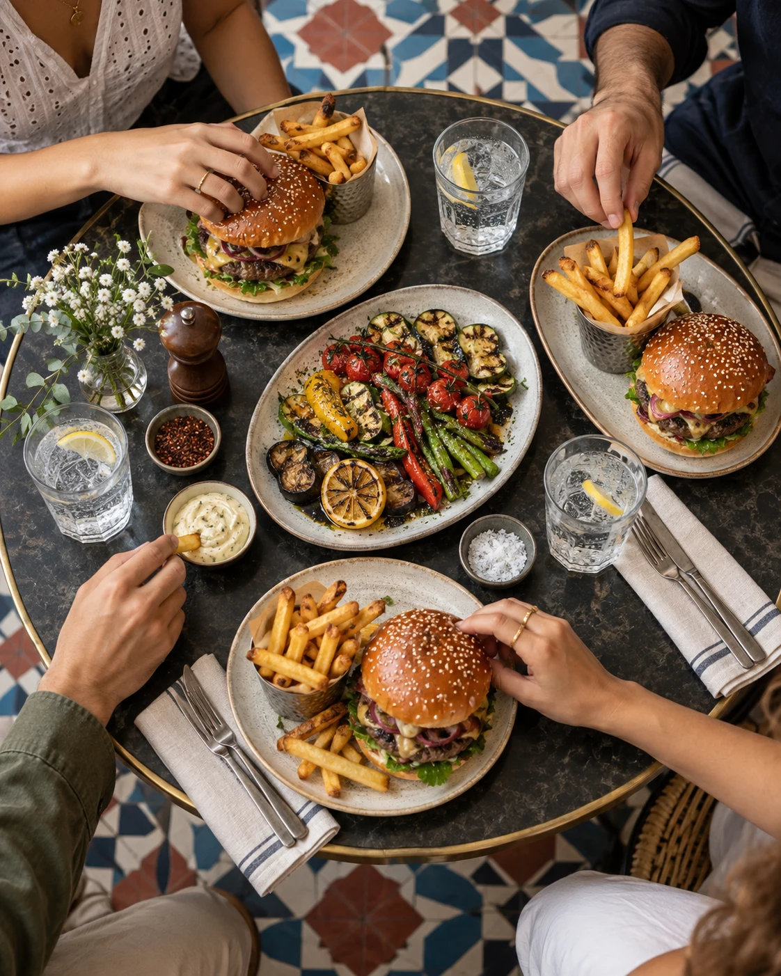 Friends sharing burgers, fries and grilled vegetables
