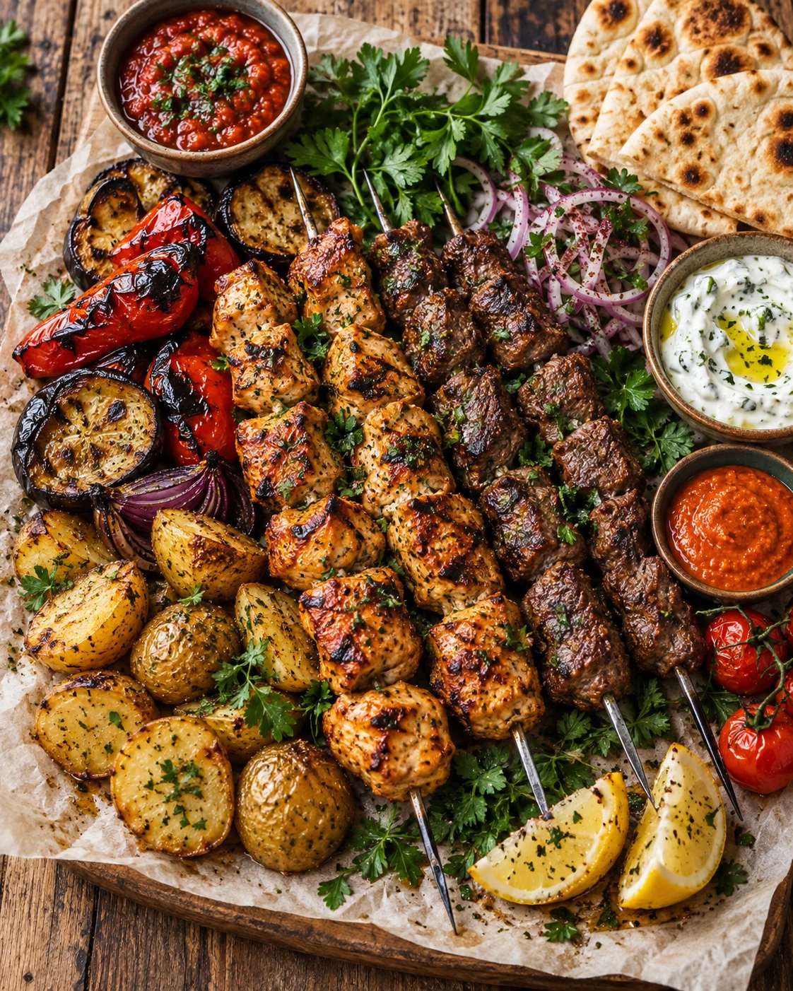 Grilled skewers, roasted vegetables and dipping sauces