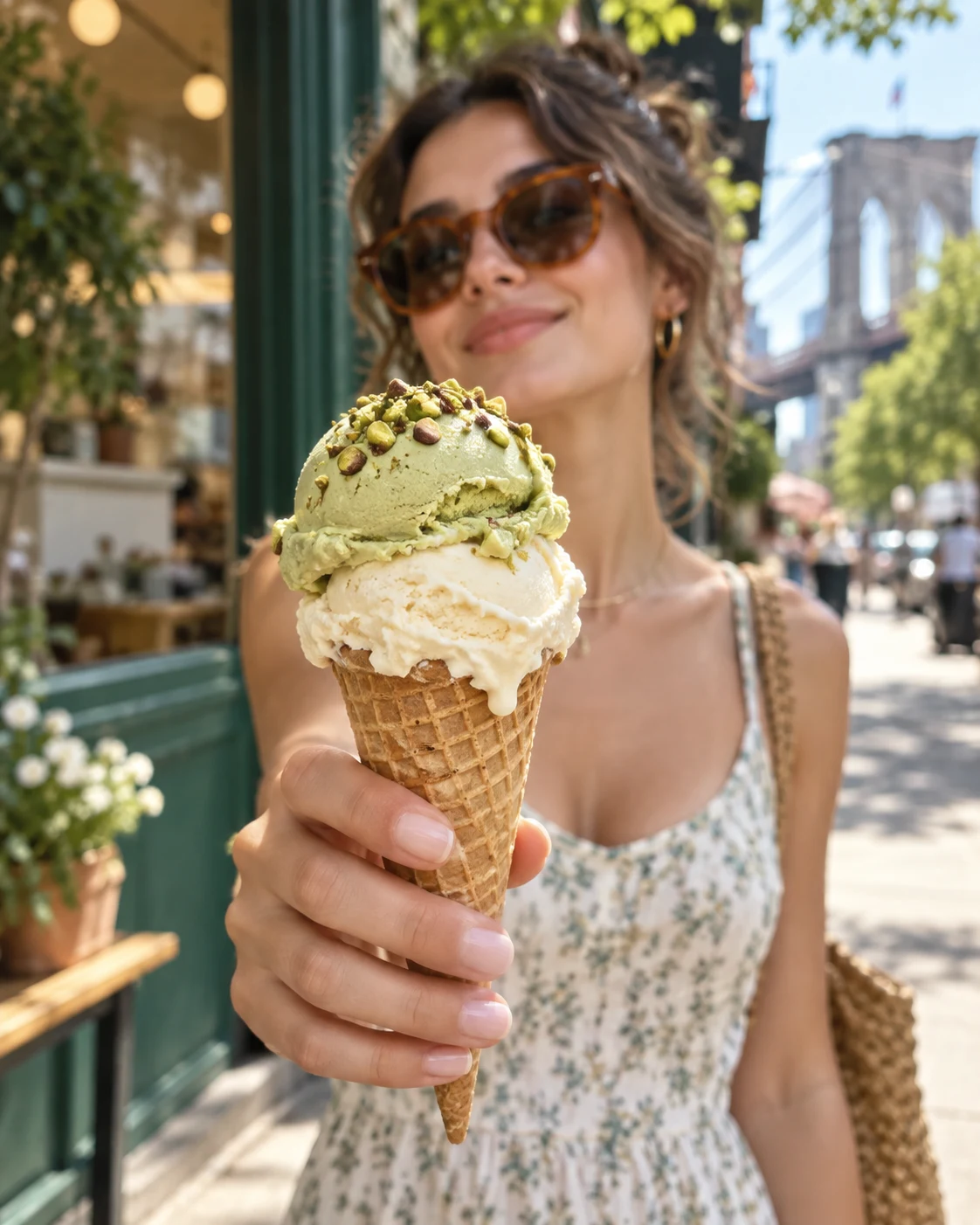Woman holding a pistachio and vanilla gelato cone