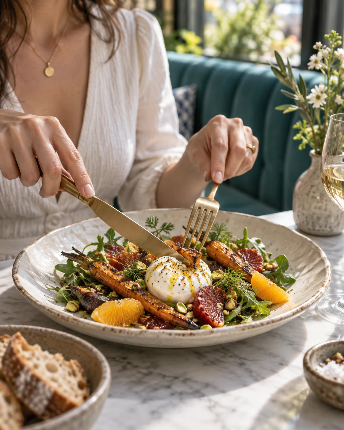 Diner enjoying a roasted carrot, citrus and burrata salad