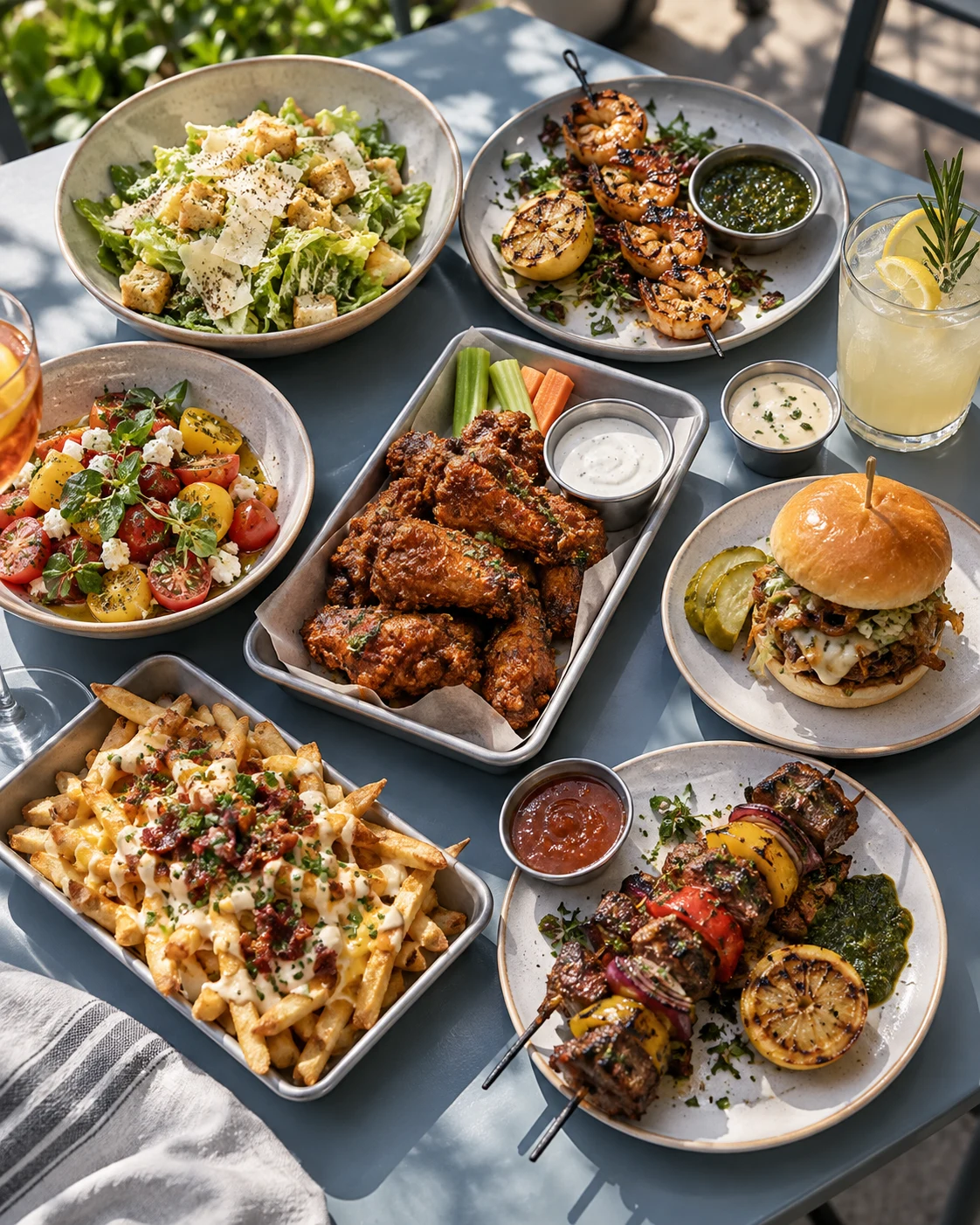 Overhead restaurant spread with dishes for sharing