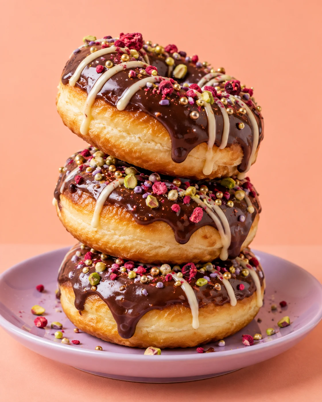 Chocolate-glazed doughnuts with colorful sprinkles