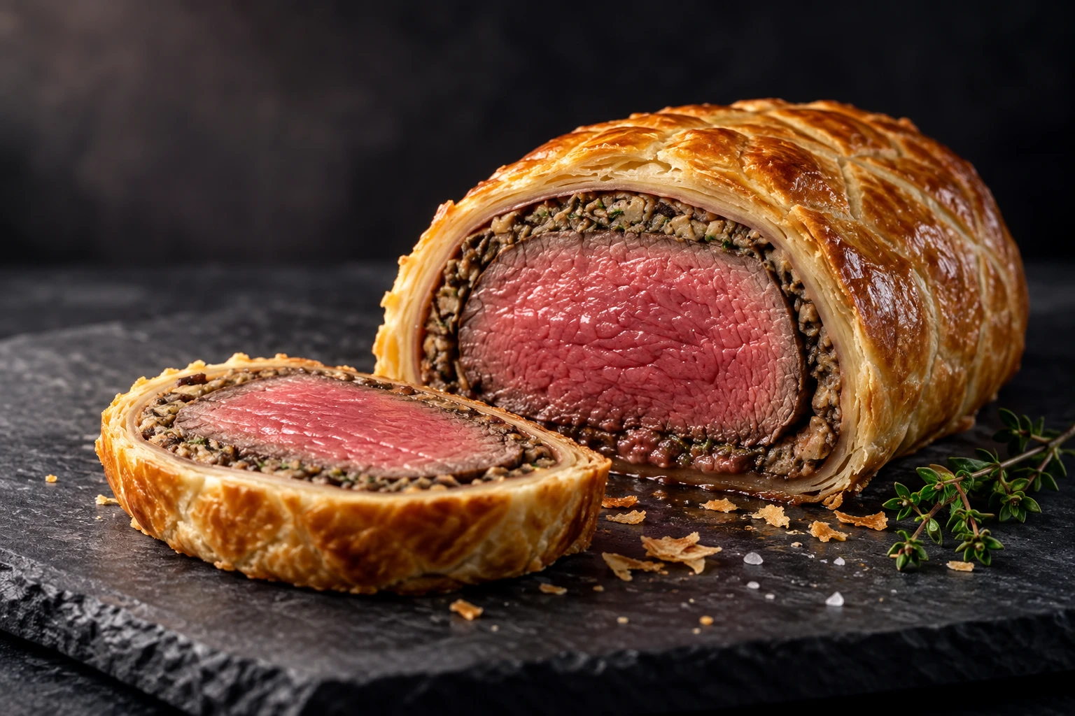 Beef Wellington with golden pastry and a rosy center