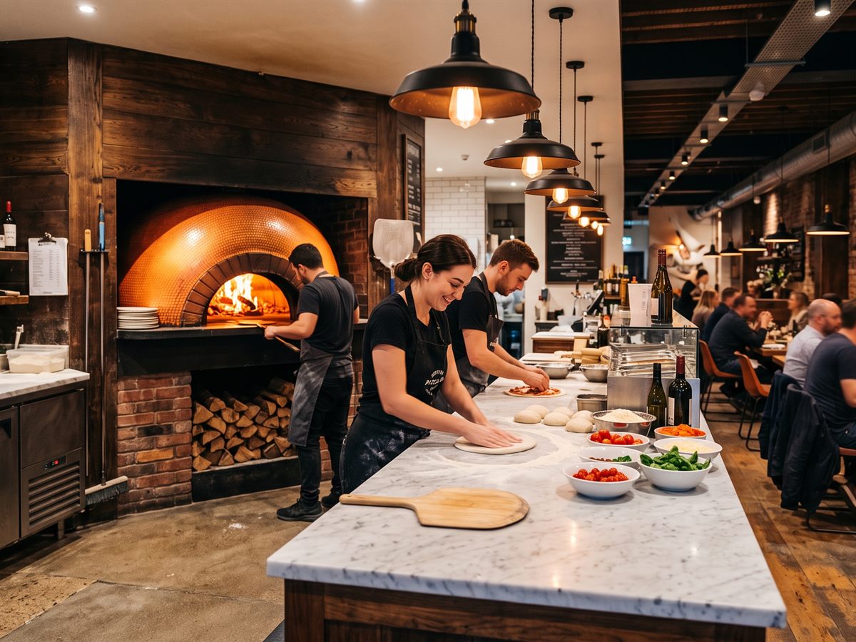 AI photograph: chefs stretching pizza dough beside a wood-fired oven in a busy restaurant