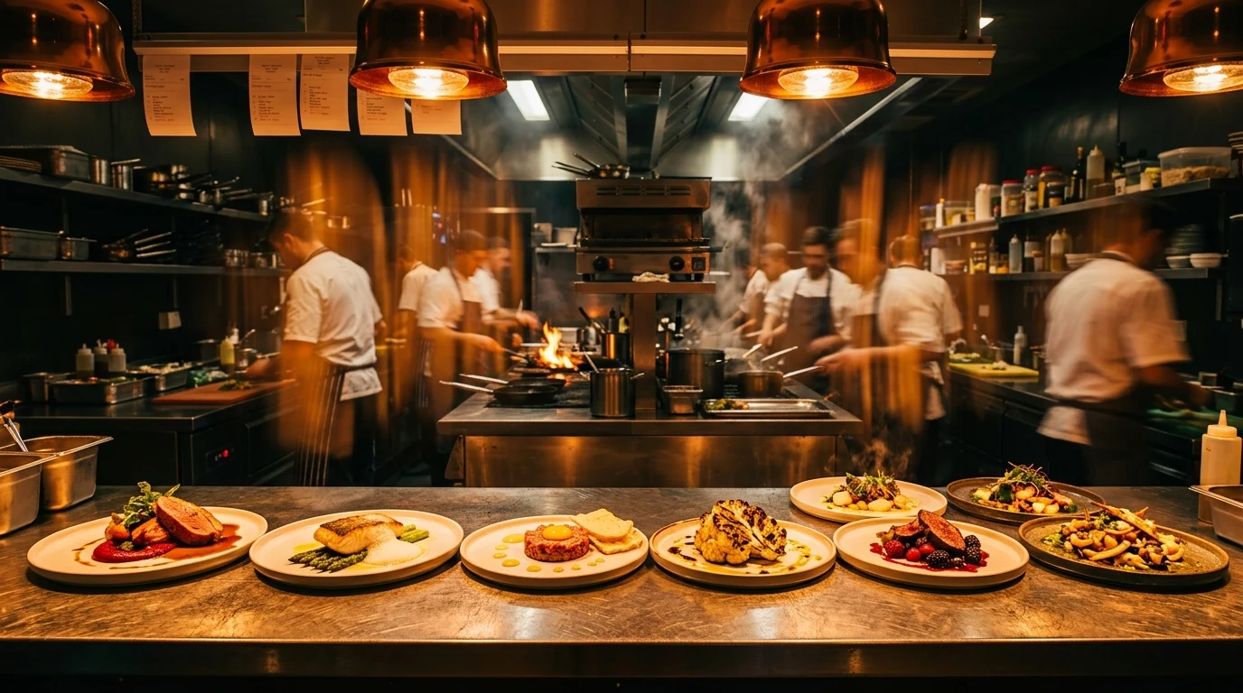 Restaurant kitchen with chefs and plated dishes at the pass