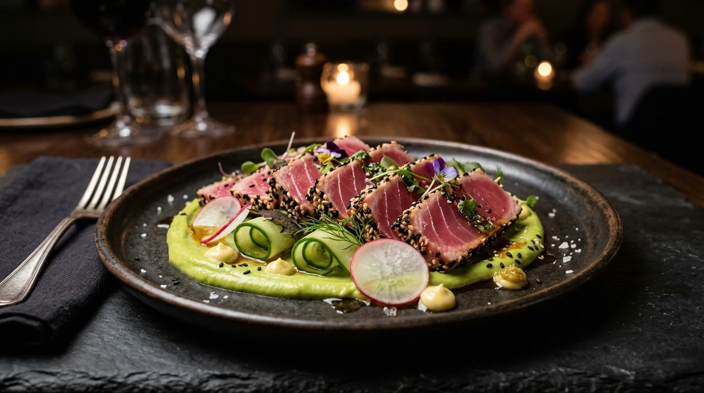 Seared ahi tuna with avocado and fresh garnishes